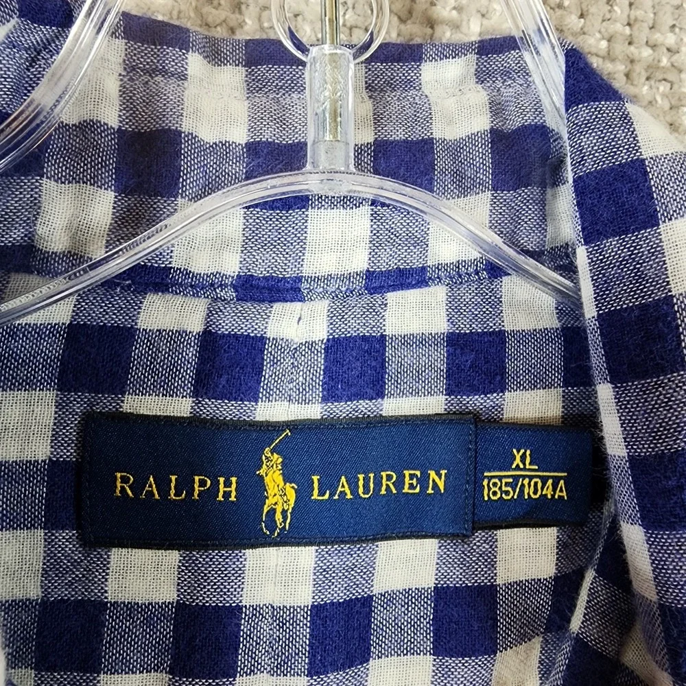 Polo Ralph Lauren Shirt Mens XL Blue White Gingham Plaid Gauze Lined
